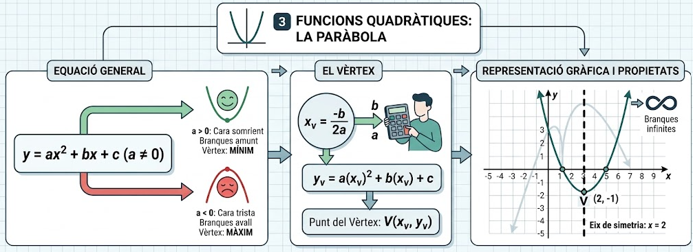 Esquema visual de funcions quadràtiques i paràboles