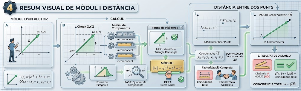 Esquema visual del Mòdul d'un Vector i Distància entre Dos Punts